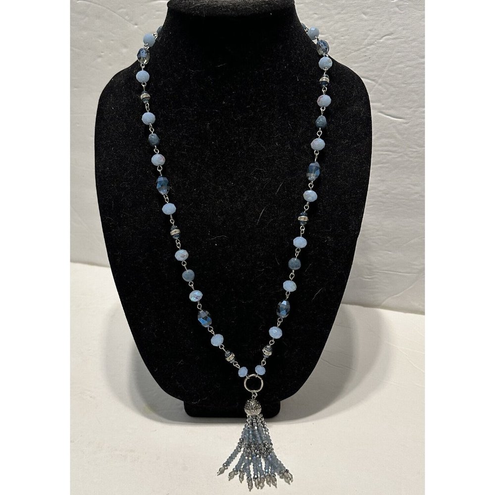 28” Blue Multifaceted Beaded Tassel Statement Necklace Glamour Silver Tone